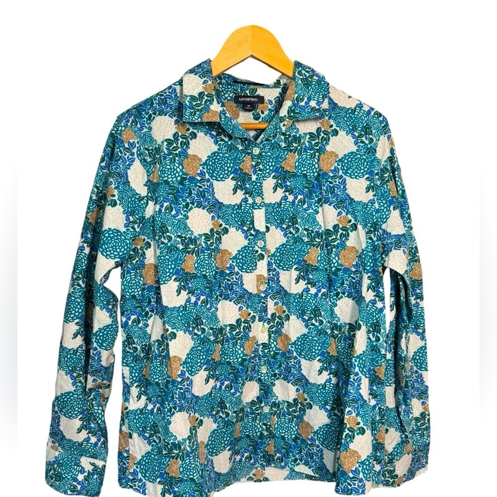 Lands’ End Women’s Supima Cotton No Iron long sleeve button up topSz 16 W teal